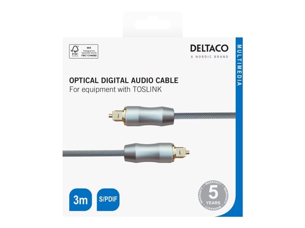DELTACO - Digial audiokabel (optisk) - SPDIF - TOSLINK hane till TOSLINK hane - 3 m - fiberoptisk - svart, silver