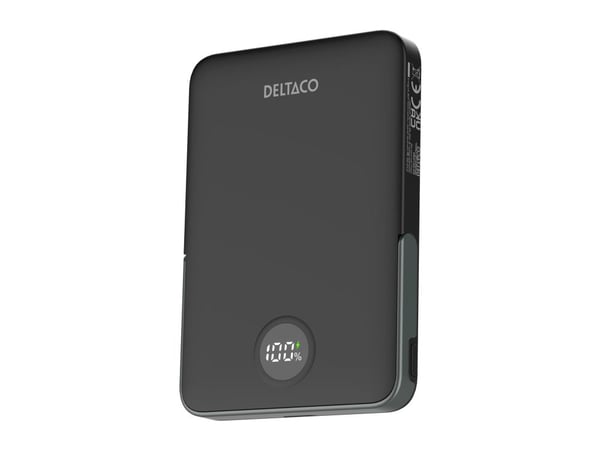 DELTACO PB-Q1007 - Strømbank - stativ, magnet, opptil 15W trådløs lading - 5000 mAh - 19.25 Wh - 20 watt (USB-C) - svart