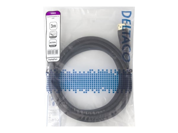 DELTACO - DisplayPort-kabel - DisplayPort (hann) til DisplayPort (hann) - DisplayPort 1.4 - 3 m - 8 K 30 Hz (7680 x 4320) støtte, fleksibel - svart