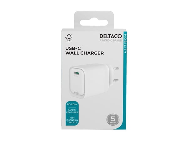 USB-C seinälaturi DELTACO, 1x USB-C PD, 20 W, valkoinen / USBC-AC152 / 1903151