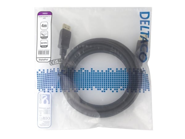DELTACO - DisplayPort-kabel - DisplayPort (hann) til DisplayPort (hann) - DisplayPort 1.4 - 4 m - 8 K 30 Hz (7680 x 4320) støtte, fleksibel - svart
