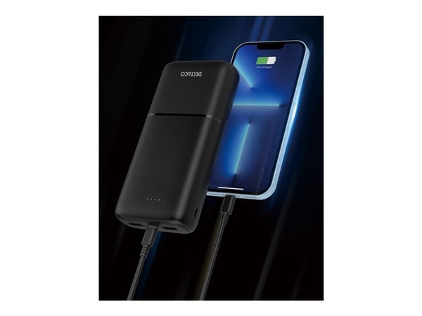 DELTACO PB-C1008 - Strømbank - 20000 mAh - 74 Wh - 20 watt - PD - 3 utgangskontakter (2 x USB, USB-C) - svart