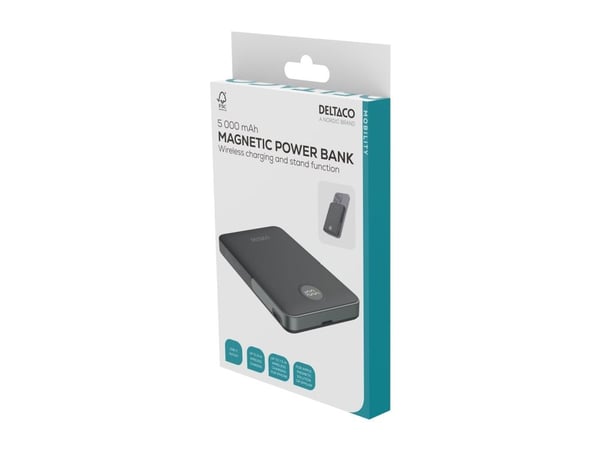 DELTACO PB-Q1007 - Strømbank - stativ, magnet, opptil 15W trådløs lading - 5000 mAh - 19.25 Wh - 20 watt (USB-C) - svart
