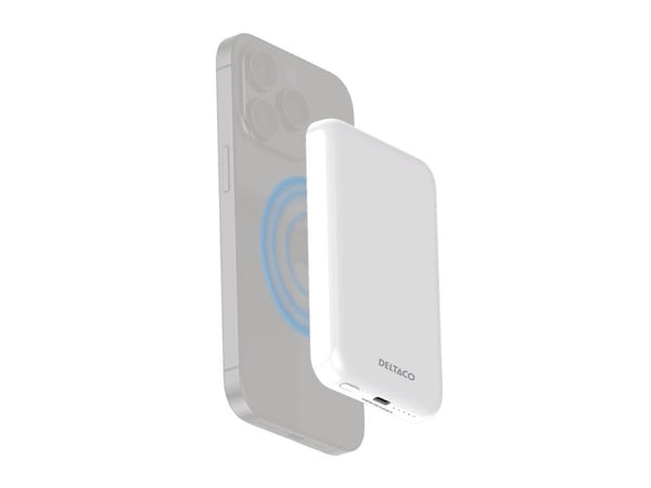 DELTACO PB-Q1006 - Strømbank - magnet, opptil 15W trådløs lading - 5000 mAh - 19.25 Wh - 20 watt (USB-C) - hvit