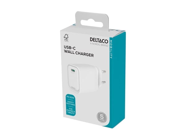 DELTACO - Strømadapter - 20 watt - 3 A - PD/PPS (USB-C) - hvit