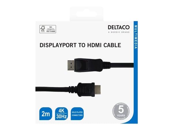 DELTACO - Adapterkabel - DisplayPort hane till HDMI hane - 2 m - svart - 4K30Hz stöd