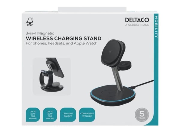 DELTACO - Trådløst ladestativ - 3-i-1, magnetisk - 22.5 watt - svart