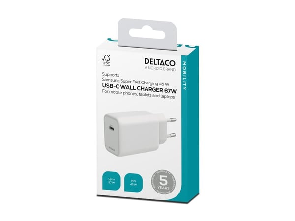 DELTACO - Strømadapter - GaN - 67 watt - 3.35 A - PD/PPS, SFC (USB-C) - hvit