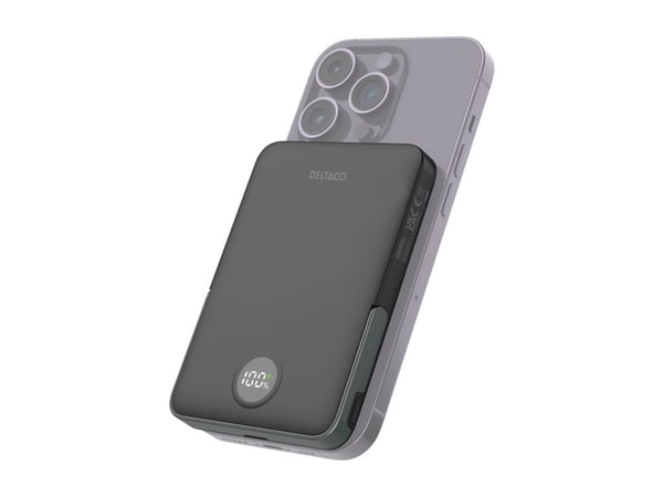 DELTACO PB-Q1007 - Strømbank - stativ, magnet, opptil 15W trådløs lading - 5000 mAh - 19.25 Wh - 20 watt (USB-C) - svart