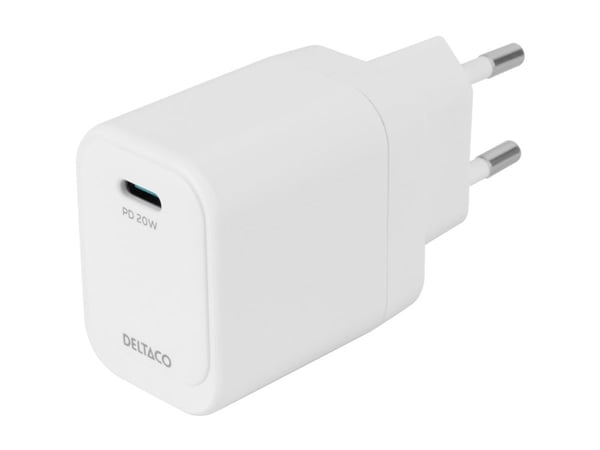USB-C seinälaturi DELTACO, 1x USB-C PD, 20 W, valkoinen / USBC-AC152 / 1903151