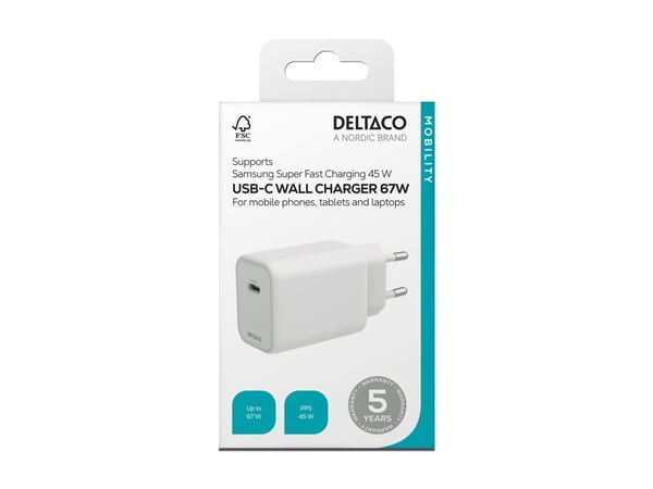 DELTACO - Strømadapter - GaN - 67 watt - 3.35 A - PD/PPS, SFC (USB-C) - hvit