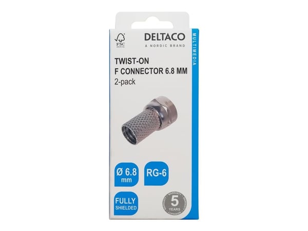 Deltaco Kierrettävä F-liitin, täysin suojattu, 6,8 mm, RG-6, 2 kpl, F-tyyppi, Hopea
