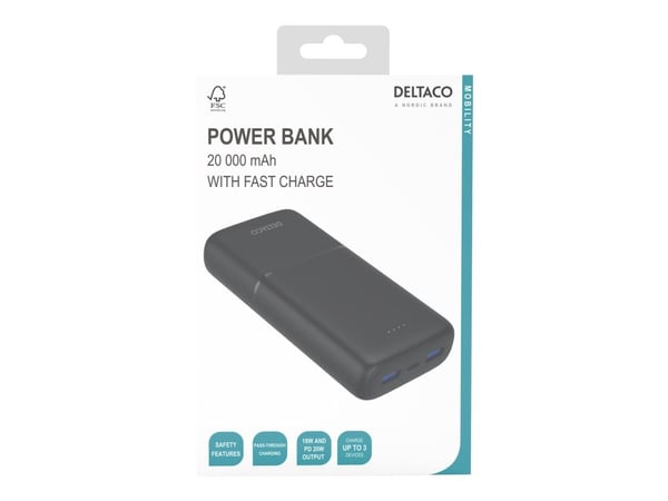 DELTACO PB-C1008 - Strømbank - 20000 mAh - 74 Wh - 20 watt - PD - 3 utgangskontakter (2 x USB, USB-C) - svart