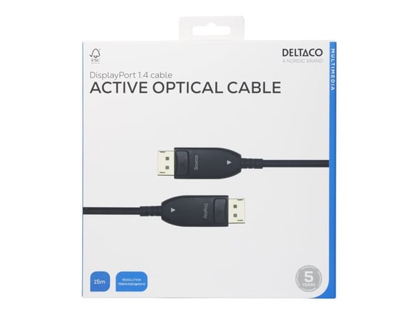 Deltaco Displayport 1.4 cable, AOC, 8K@30Hz, 15m, black, 15 m, DisplayPort, DisplayPort, Uros, Uros, 7680 x 4320 pikseliä