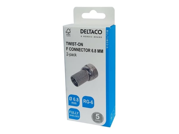 Deltaco Kierrettävä F-liitin, täysin suojattu, 6,8 mm, RG-6, 2 kpl, F-tyyppi, Hopea