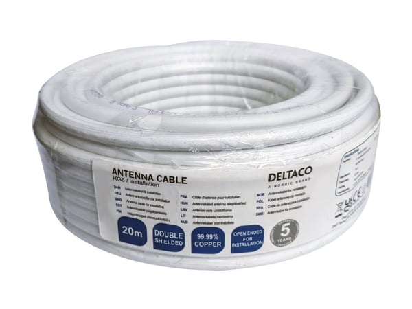 DELTACO - Samlet kabel - 20 m - 6.6 mm - dobbeltskjermet koaksial - RG-6 - hvit