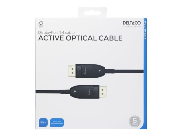 DELTACO - DisplayPort-kabel - DisplayPort (hann) til DisplayPort (hann) - DisplayPort 1.4 - 20 m - Active Optical Cable (AOC), 8K 30Hz støtte - svart