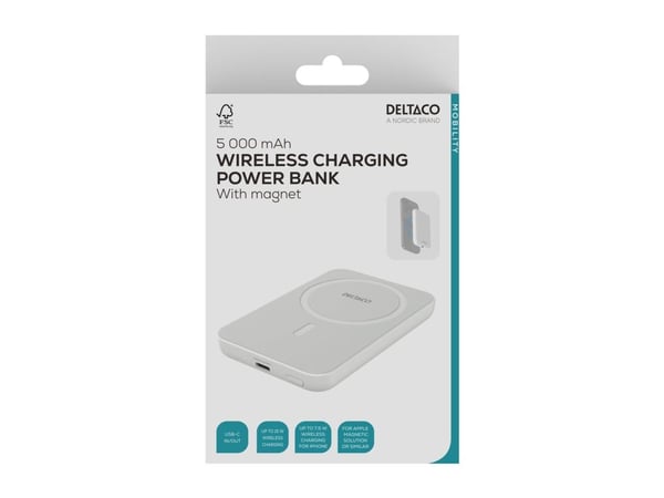 DELTACO PB-Q1006 - Power bank - magnet, up to 15W wireless charging - 5000 mAh - 19.25 Wh - 20 Watt (USB-C) - vit