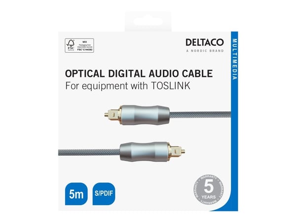 DELTACO - Digial audiokabel (optisk) - SPDIF - TOSLINK hane till TOSLINK hane - 5 m - fiberoptisk - svart, silver
