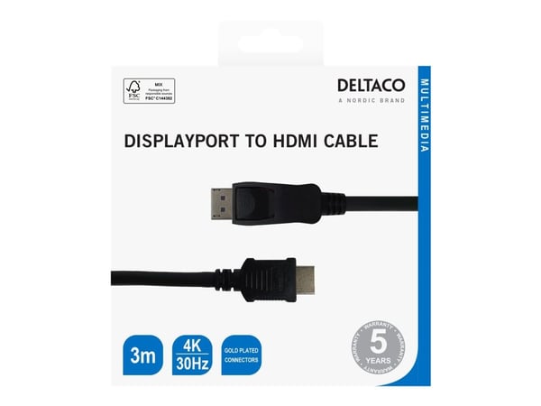 Deltaco DisplayPort to HDMI cable, 3m, black, 3 m, DisplayPort, HDMI, Uros, Uros, Suora