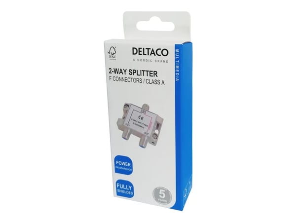DELTACO - Linjedelare - 2-way, F-connectors, DC pass, Class A - silver
