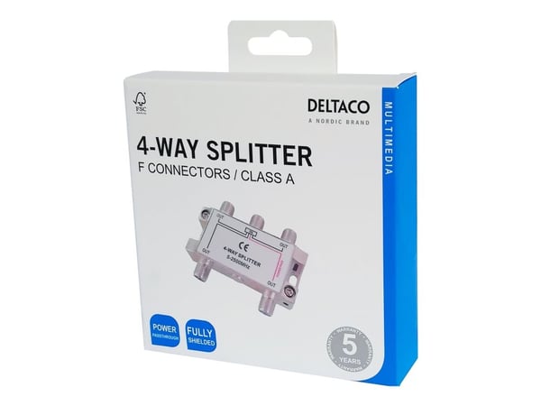 DELTACO - Fordeler - 4-way, F-connectors, DC pass, Class A - sølv