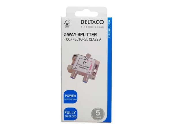 DELTACO - Linjedelare - 2-way, F-connectors, DC pass, Class A - silver