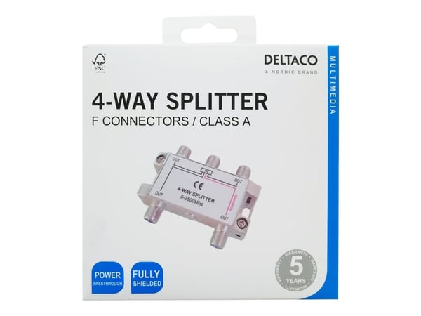 DELTACO - Fordeler - 4-way, F-connectors, DC pass, Class A - sølv