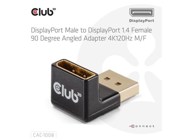 Club 3D - DisplayPort-adapter - DisplayPort (hann) til DisplayPort (hunn) vinklet - DisplayPort 1.4 - 4K 120 Hz støtte, up to 16.2 Gbps data transf...