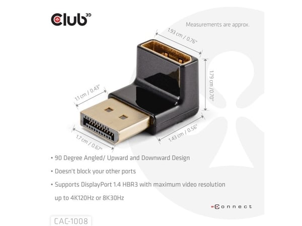 Club 3D - DisplayPort-adapter - DisplayPort (hann) til DisplayPort (hunn) vinklet - DisplayPort 1.4 - 4K 120 Hz støtte, up to 16.2 Gbps data transf...