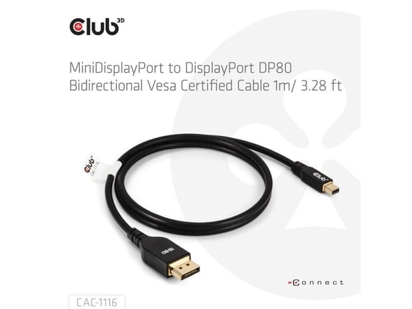 Club 3D CAC-1116 - DisplayPort-kabel - Mini DisplayPort (hann) til DisplayPort (hann) - DisplayPort 2.1 - 1 m - 8K 60Hz støtte, toretnings, 4K 240H...