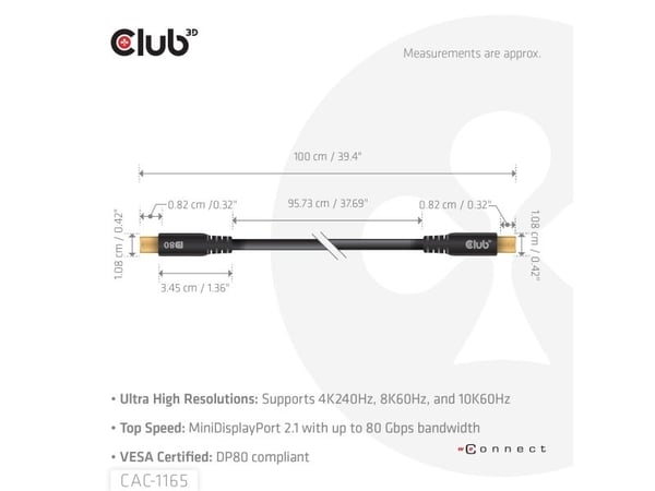 CLUB3D MINIDISPLAYPORT TIL MINIDISPLAYPORT DP80BIDIRECTIONAL VESA-SERTIFISERT KABEL 1M/3.28 FT - Kabel