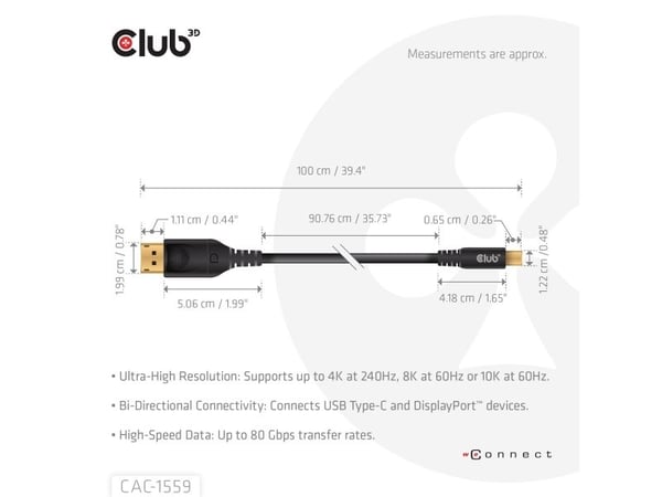Club 3D - Adapterkabel - 24 pin USB-C (hann) til DisplayPort (hann) låst - DisplayPort 2.1 - 1 m - 8K 60Hz støtte, toretnings, 4K 240Hz støtte, 10 ...