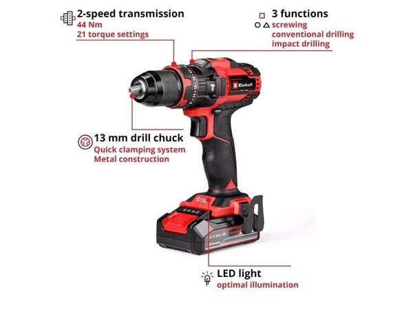 Einhell TE-CD 18/44 Li-i, Boremaskin med pistolgrep, Nøkkelløs, Børstet, Drill, Svart, Rød, 1,3 cm