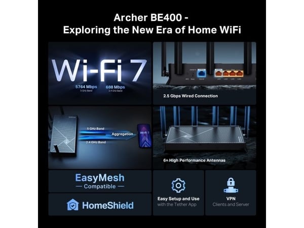TP-Link Archer BE400, Wi-Fi 7 (802.11be), Dobbelbånd (2.4 GHz / 5 GHz), Ethernet/bredbåndsforbindelse, Svart, Skrivebord/stolperuter
