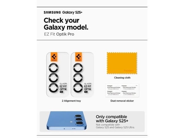 Spigen Glas.tR EZ Fit Optik Pro, Samsung, Galaxy S25 Plus, Støvresistent, Ripebestandig, Sort, Gjennomsiktig, 2 stykker