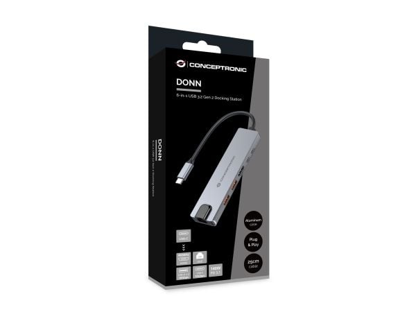 Conceptronic DONN29G, Koblet med ledninger (ikke trådløs), USB 3.2 Gen 2 (3.1 Gen 2) Type-C, 140 W, 10,100,1000 Mbit/s, IEEE 802.3ab, Grå