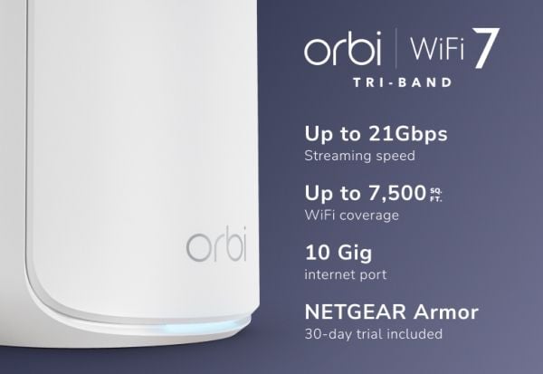 NETGEAR Orbi 870 Series RBE873 - Wi-Fi-system - (ruter, 2 utvidere) - inntil 9000 kvadratfot - maske 10GbE, 2.5GbE, Wi-Fi 7 Multibånd
