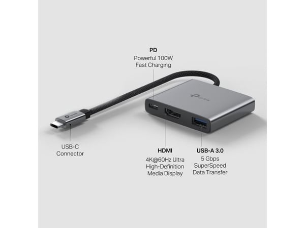 TP-Link UH3020C, USB Type-C, HDMI, USB 3.2 Gen 1 (3.1 Gen 1) Type-A, USB Type-C, 5000 Mbit/s, 60 Hz, 2160p, 4096 x 2160 piksler