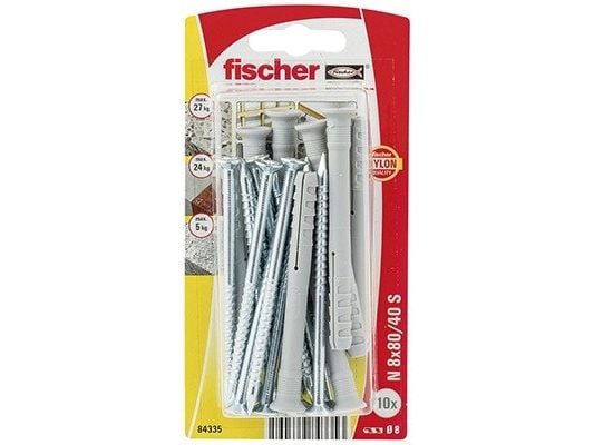 Fischer 84335, Skrue- og ankersett, Autoklavert lettbetong, Murstein, Betong, Nylon, Grå, Forzinket stål, Stjerneskrutrekker