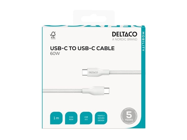 DELTACO - USB-kabel - 24 pin USB-C (hann) til 24 pin USB-C (hann) - USB 2.0 - 20 V - 3 A - 1 m - USB-C Power Delivery (60W) - hvit