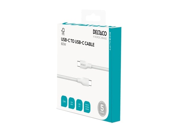 DELTACO - USB-kabel - 24 pin USB-C (hann) til 24 pin USB-C (hann) - USB 2.0 - 20 V - 3 A - 1 m - USB-C Power Delivery (60W) - hvit