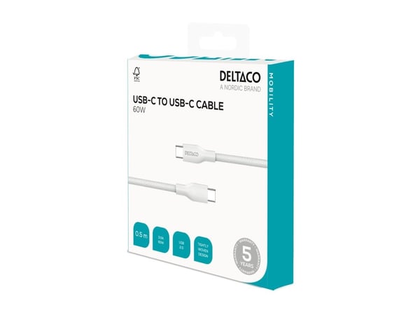 DELTACO - USB-kabel - 24 pin USB-C (hann) til 24 pin USB-C (hann) - USB 2.0 - 20 V - 3 A - 50 cm - USB-C Power Delivery (60W) - hvit