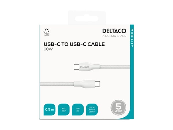 DELTACO - USB-kabel - 24 pin USB-C (hann) til 24 pin USB-C (hann) - USB 2.0 - 20 V - 3 A - 50 cm - USB-C Power Delivery (60W) - hvit