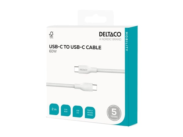 DELTACO - USB-kabel - USB-C (hann) til USB-C (hann) - USB 2.0 - 20 V - 3 A - 2 m - USB-C Power Delivery (60W) - hvit