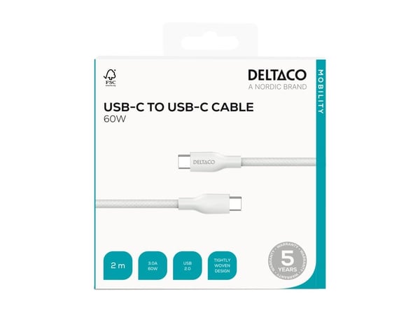 DELTACO - USB-kabel - USB-C (hann) til USB-C (hann) - USB 2.0 - 20 V - 3 A - 2 m - USB-C Power Delivery (60W) - hvit