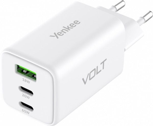 Yenkee plug-in laturi 3xusb 65w 3,24a power delivery 3.0 qc4.0