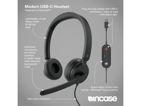 Incase Designed by Microsoft Modern USB-C Headset, Koblet med ledninger (ikke trådløs), Kontor/kundesenter, Hodesett, Sort
