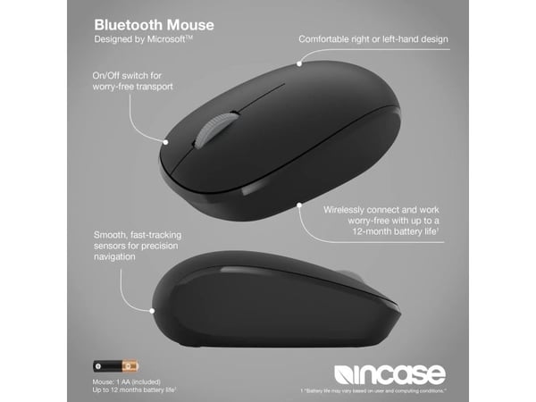 Incase Designed by Microsoft Bluetooth Mouse, Ambidextrous, Bluetooth, Svart