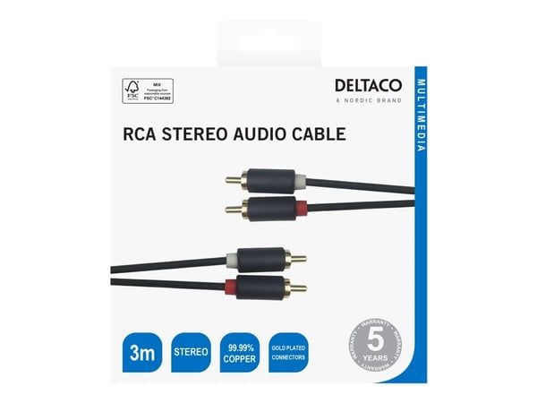 DELTACO - Lydkabel - RCA x 2 hann til RCA x 2 hann - 3 m - svart